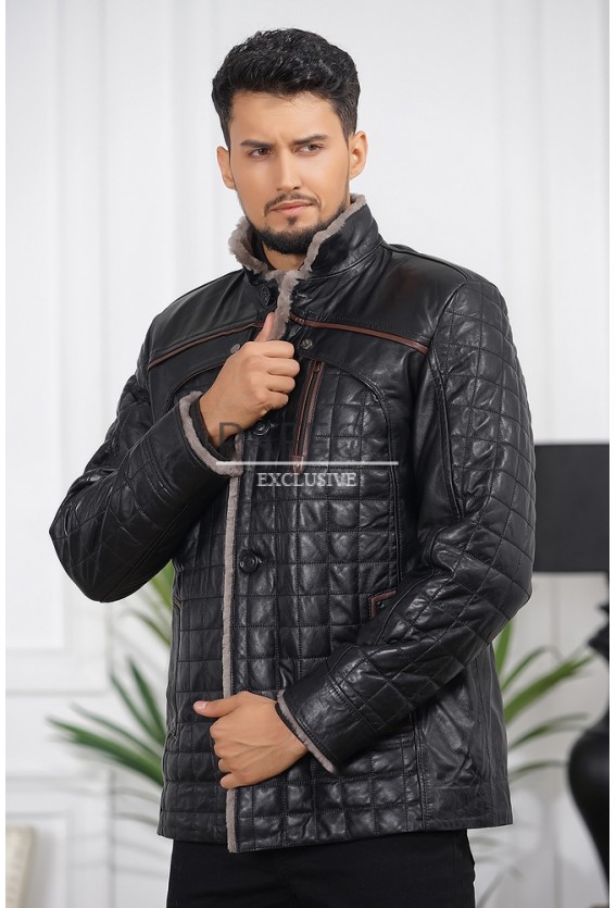 Кожаная черная куртка-дубленка для мужчин 