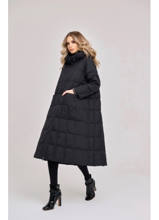 Черное стильное пальто-пуховик 2024
