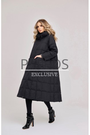 Черное стильное пальто-пуховик 2024