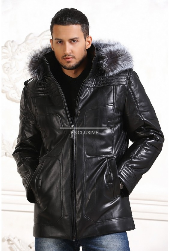 Удлиненная куртка-пуховик с мехом чернобурки 