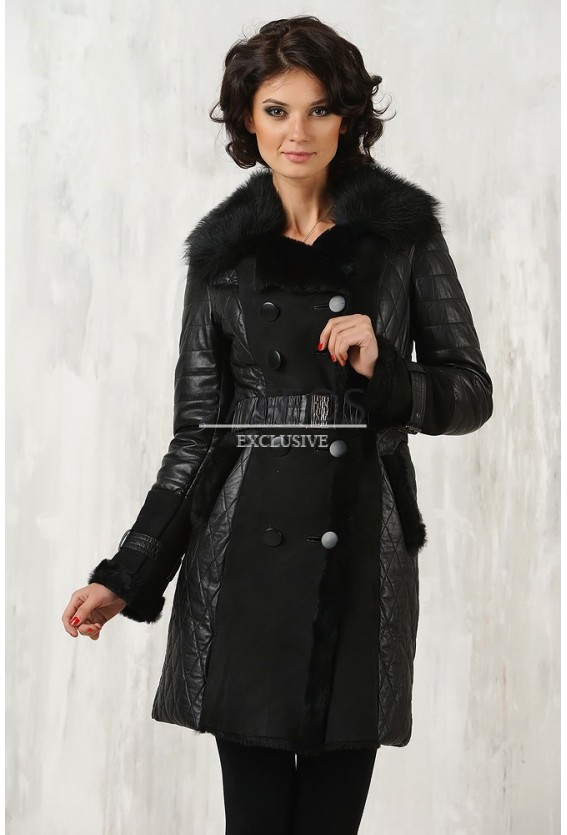 Комбинированное женское пальто-дубленка 