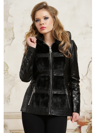 Черная кожаная куртка-жилетка с мехом